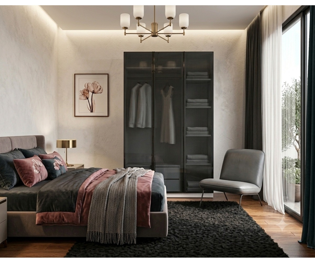 3 Füme Cam Kapılı Gardırop Çekmeceli İçi Komple MDF