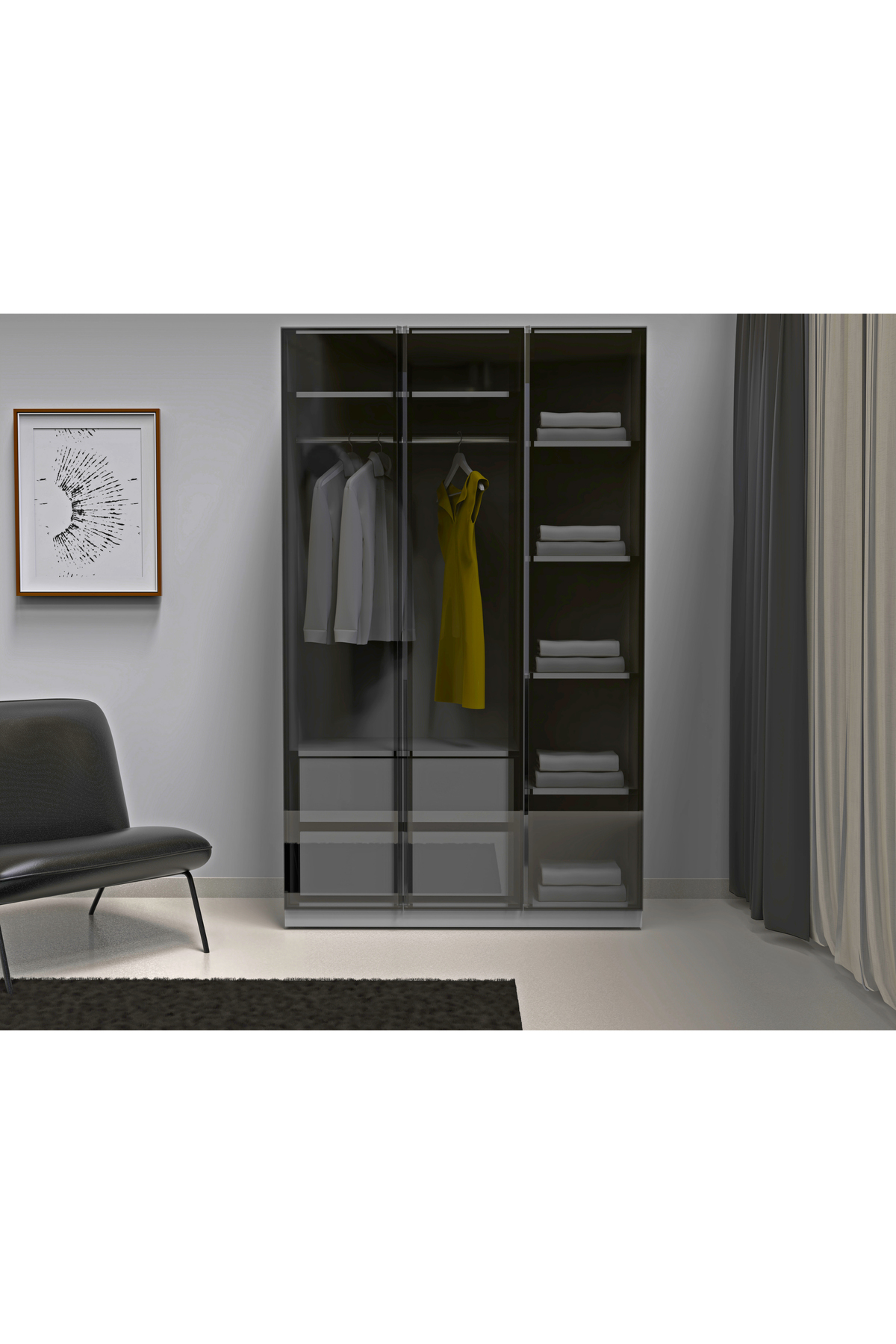 3 Füme Cam Kapılı Gardırop Çekmeceli İçi Komple MDF - Görsel 4