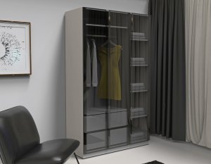 3 Füme Cam Kapılı Gardırop Çekmeceli İçi Komple MDF - Görsel 3