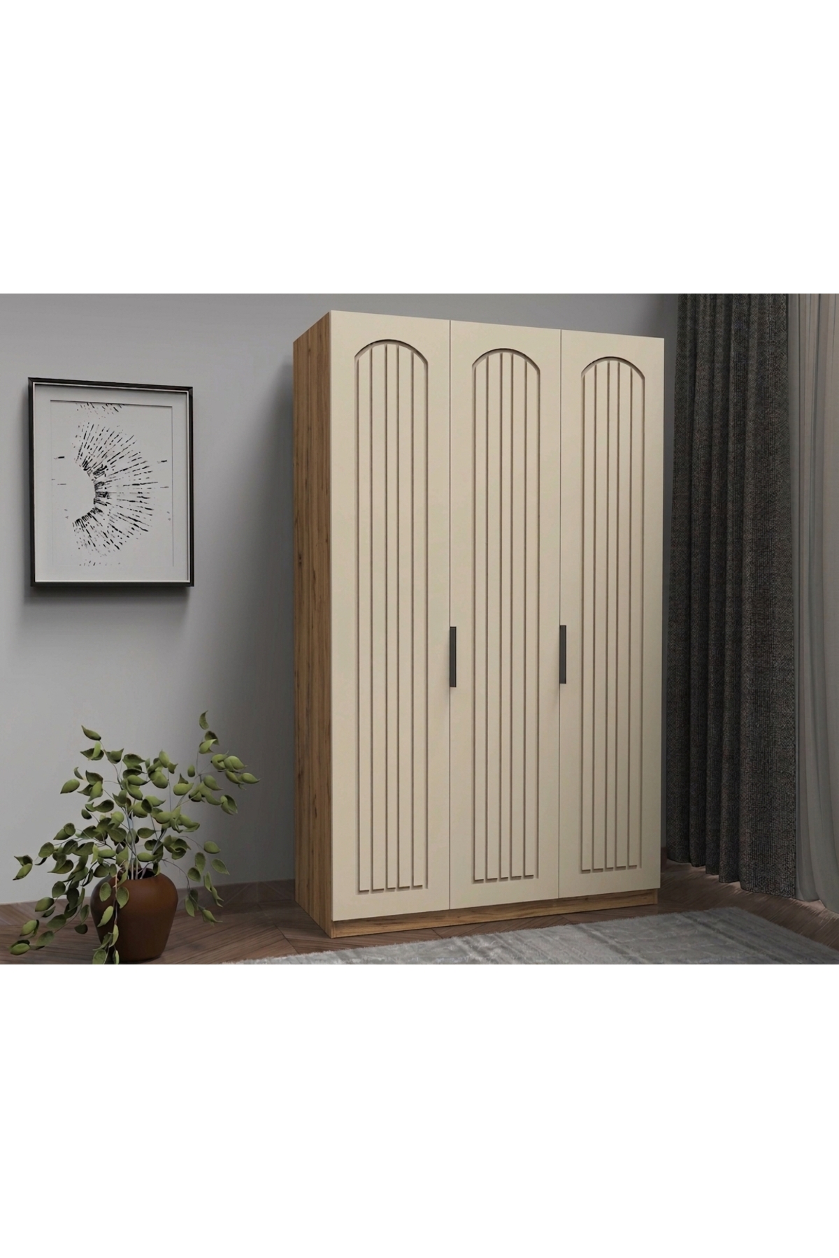 3 Kapaklı Ahşap Gardrop Membran Kapaklı İçi Komple MDF - 3 Kapaklı Gardrop