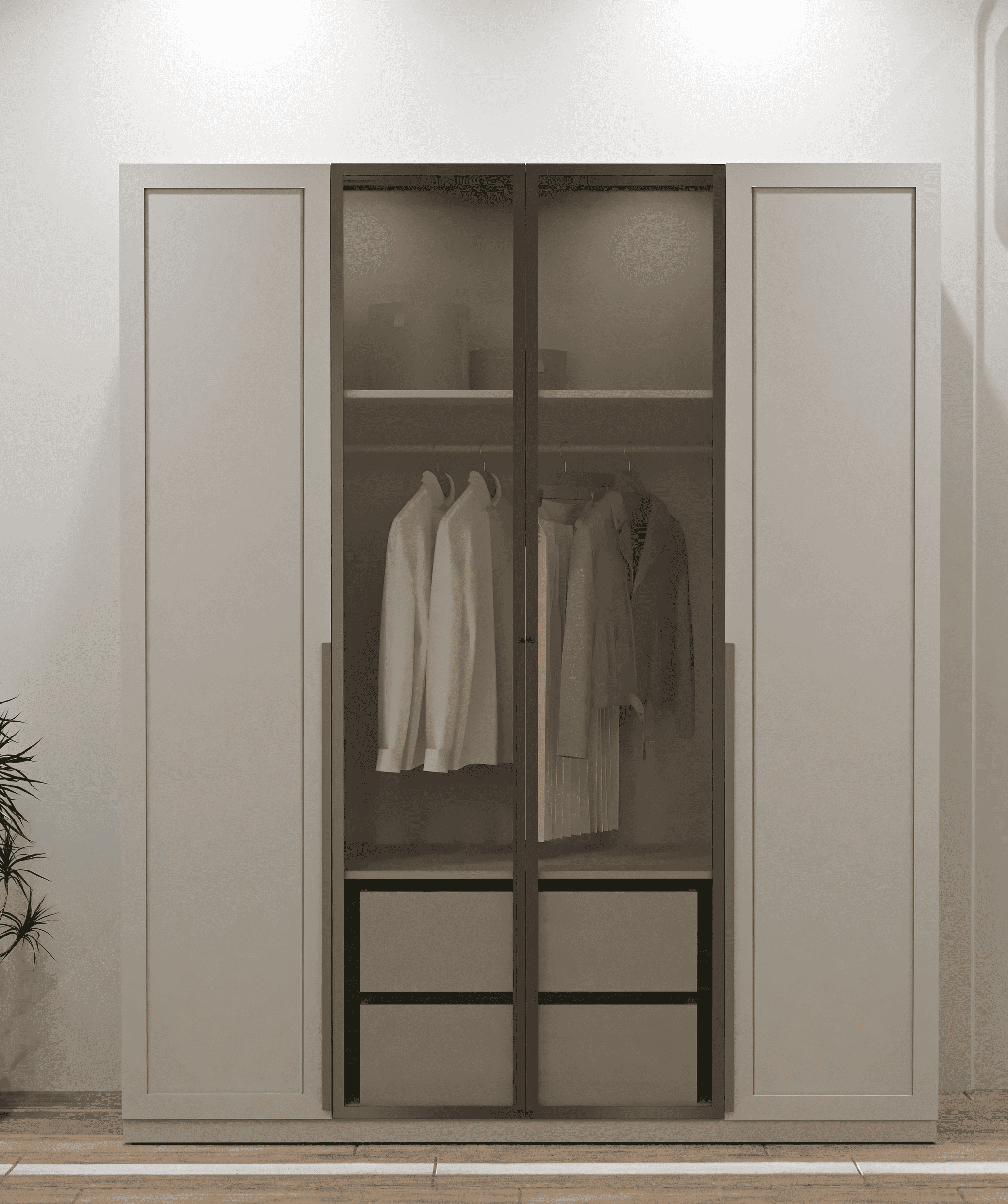 4 Kapaklı Camlı Çekmeceli Gardolap