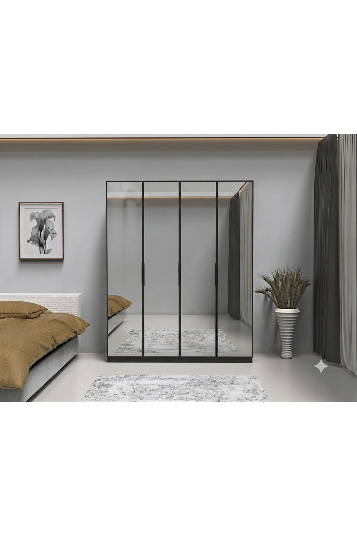 4 Kapılı 2 Çekmeceli Komple Aynalı Gardırop İçi MDF