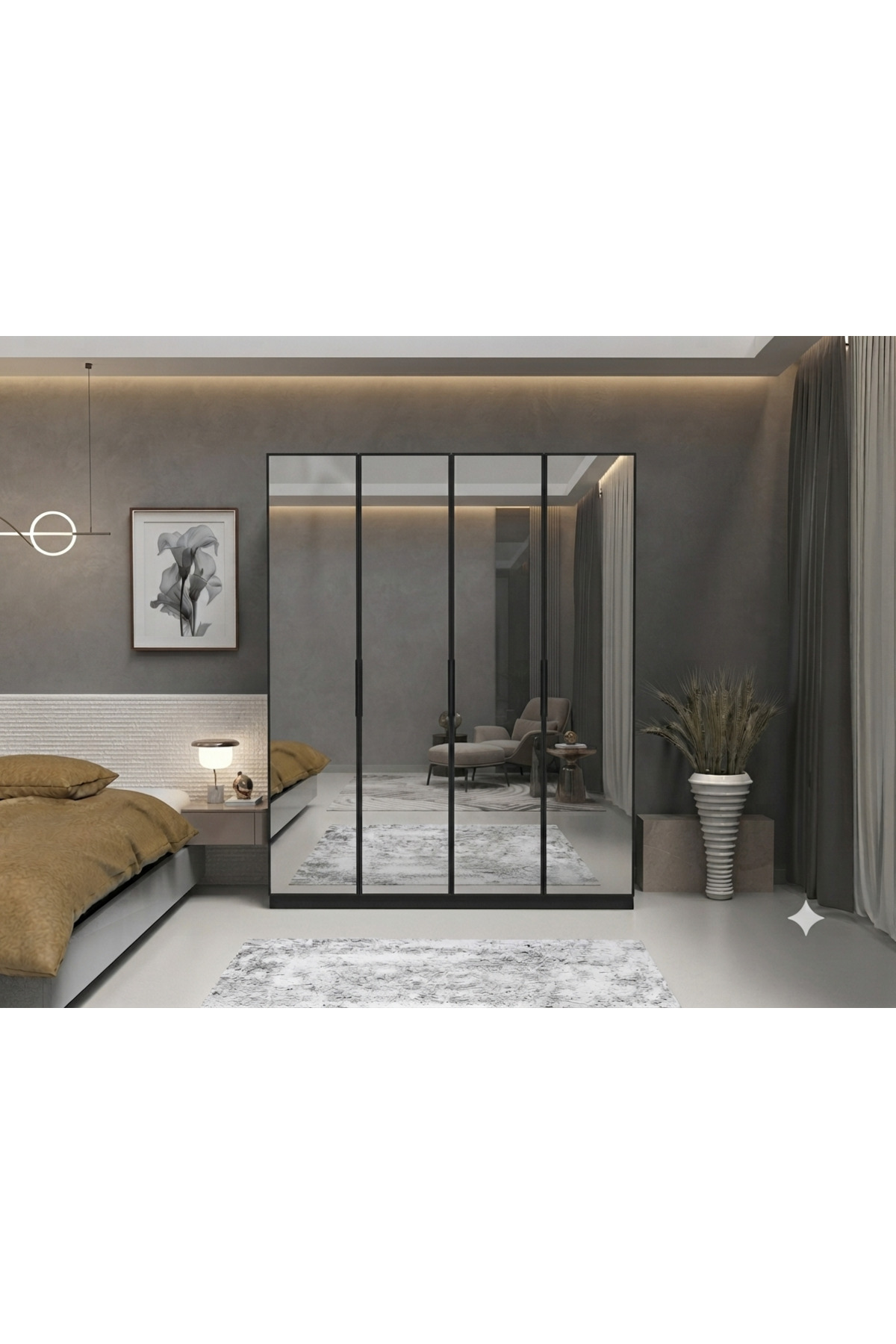 4 Kapılı 2 Çekmeceli Komple Aynalı Gardırop İçi MDF