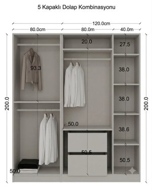 5 Kapılı Beyaz Gardırop 200 cm - Görsel 3