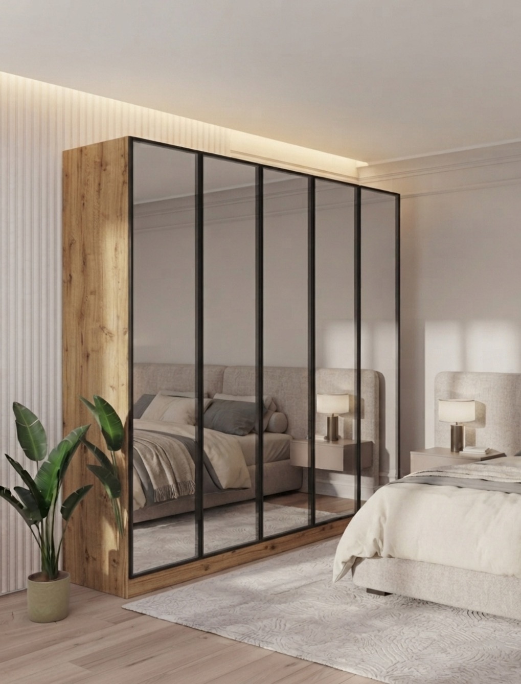 5 Kapılı Komple Aynalı Gardırop Aluminyum Çerçeve - 5 Kapaklı Gardrop