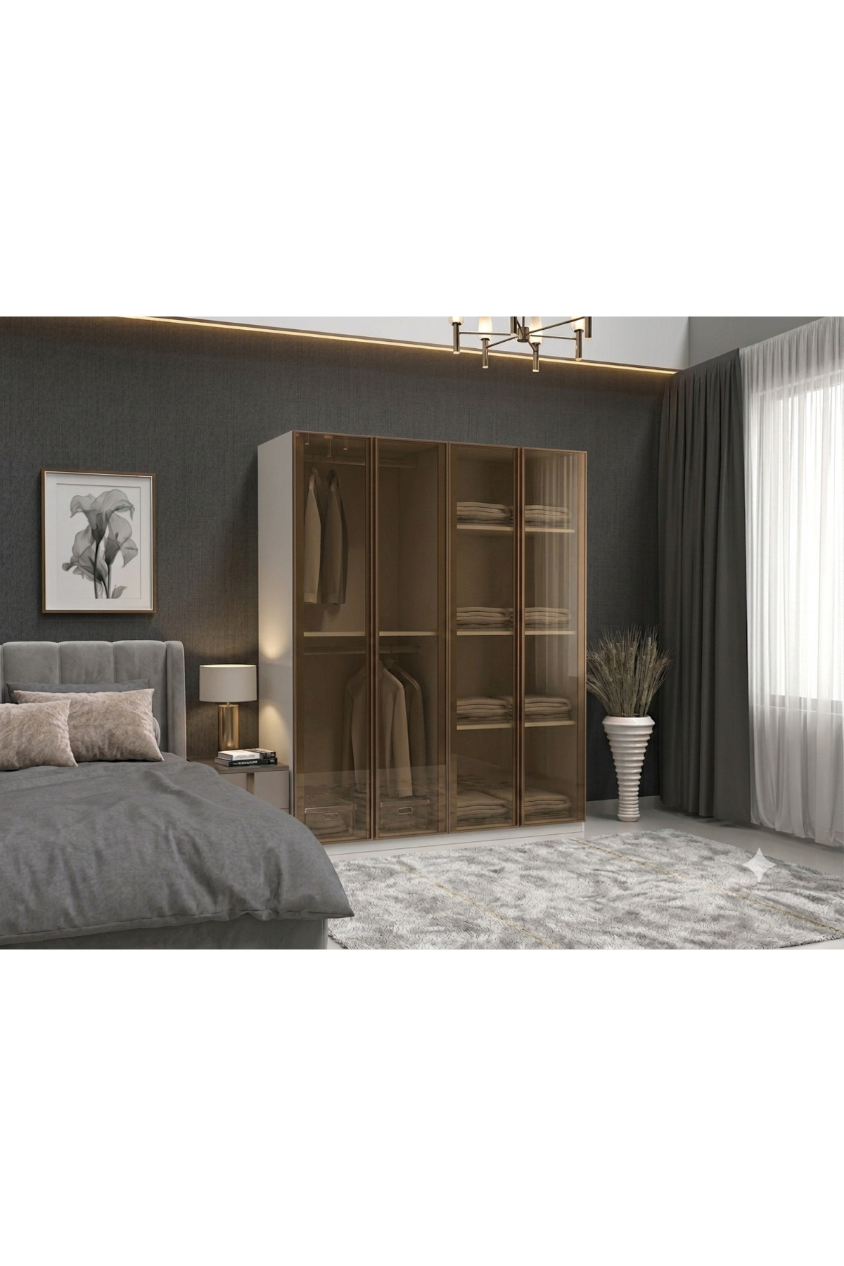 Bronz Cam Gardırop 4 Kapılı İçi MDF