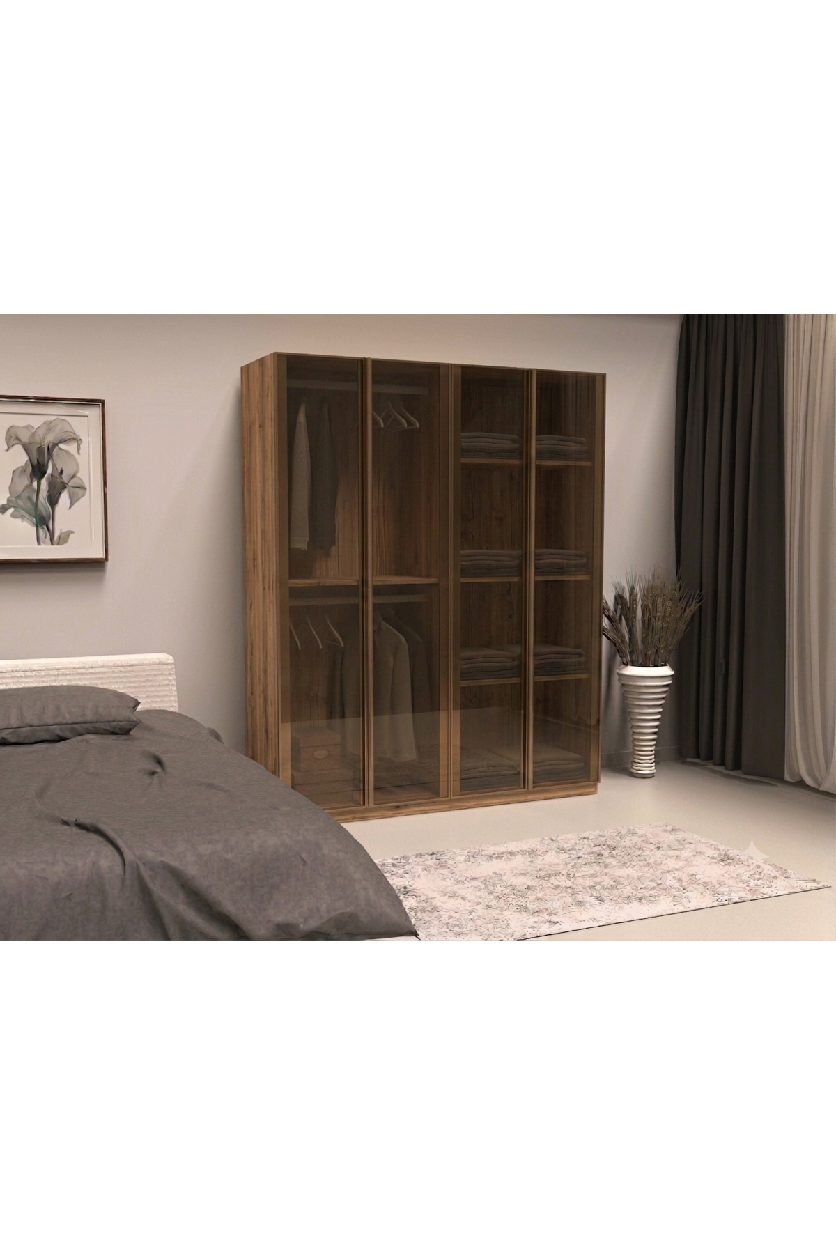 Bronz Cam Gardırop 4 Kapılı İçi MDF