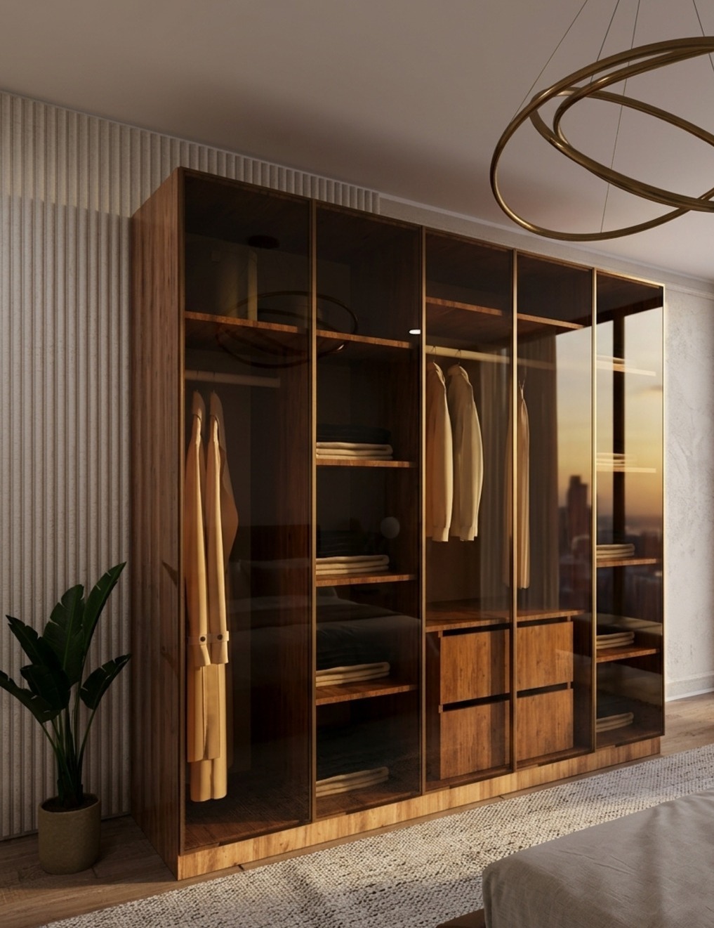 Bronz Camlı 5 Kapılı Gardırop Gövde Tamamı MDF - 5 Kapaklı Gardrop
