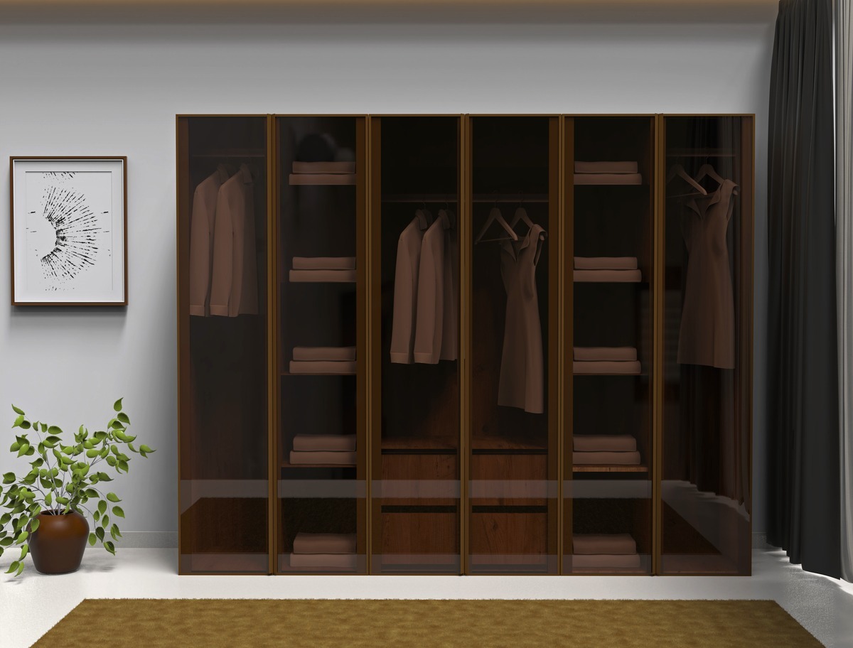 Bronz Şeffaf Camlı 6 Kapaklı Gardrop Ful MDF - 6 Kapaklı Gardrop