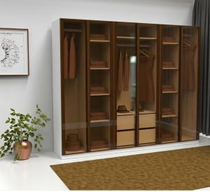 Bronz Şeffaf Camlı 6 Kapaklı Gardrop Ful MDF