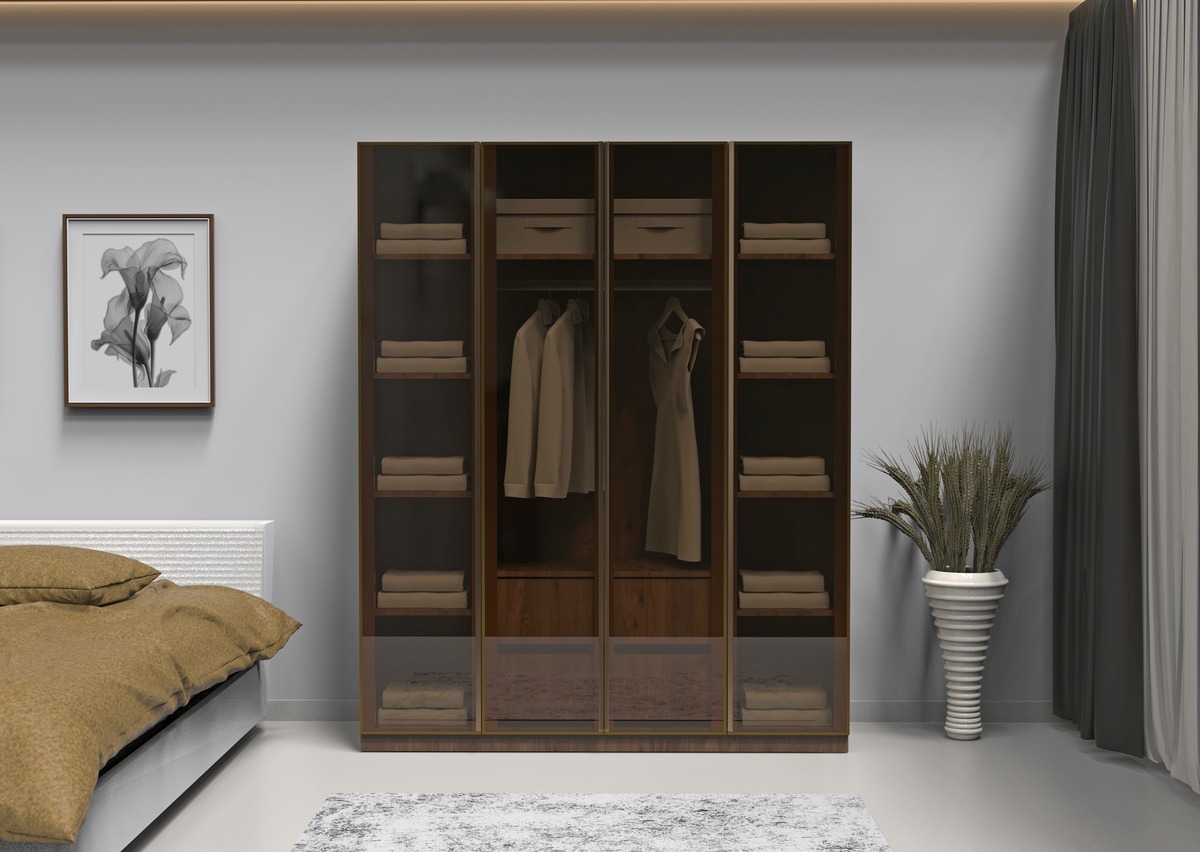 Cam Kapaklı Elbise Dolabı Bronz Cam İçi %100 MDF - 4 Kapaklı Gardrop