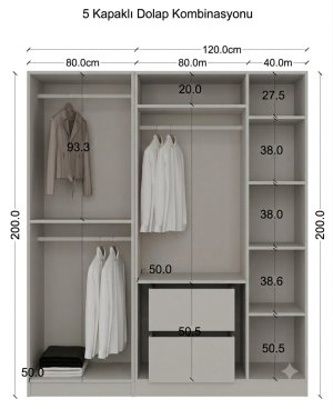 Cam Kapaklı Gardrop 5 Kapılı Komple MDF - Görsel 3