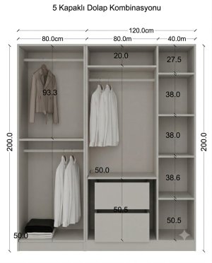 Cam Kapaklı Gardrop 5 Kapılı Komple MDF - Görsel 3