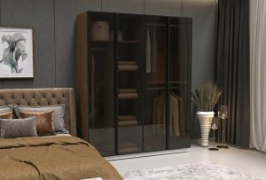 Cam Kapaklı Giysi Dolabı 4 Kapılı Ful MDF - Görsel 1