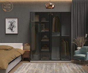 Cam Kapaklı Giysi Dolabı 4 Kapılı Ful MDF - Görsel 2