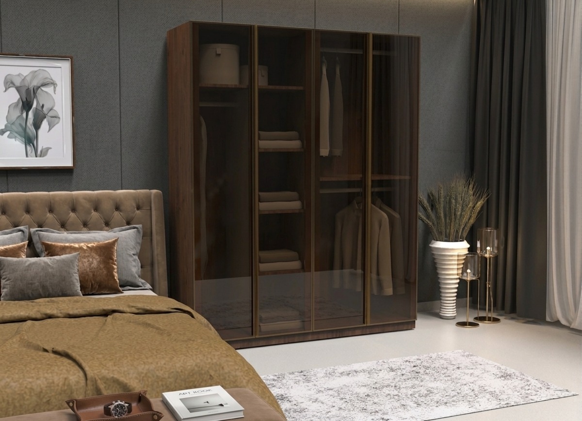Cam Kapaklı Yatak Odası Dolabı Bronz Cam Çerçeveli - 4 Kapaklı Gardrop