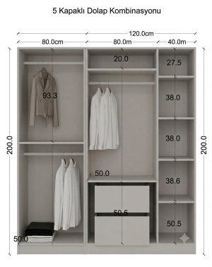 Cam Kapılı Gardırop 5 Kapaklı MDF Gövde - Görsel 2