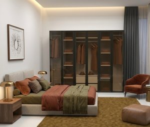 Füme Cam Gardrop 6 Kapılı İçi Komple MDF Bol Raflı