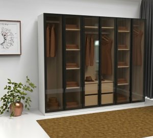 Füme Cam Gardrop 6 Kapılı İçi Komple MDF Bol Raflı - Görsel 3
