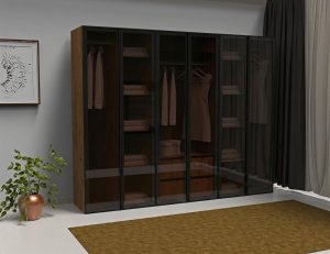 Füme Cam Gardrop 6 Kapılı İçi Komple MDF Bol Raflı - Görsel 1