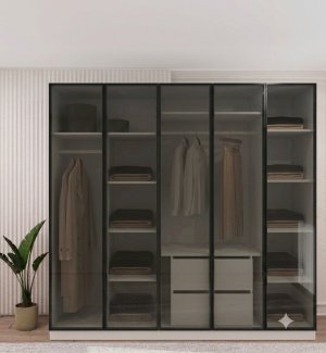 Füme Camlı 5 Kapaklı Dolap İçi Beyaz %100 MDF - Görsel 1