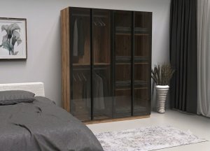 Siyah Camlı Dolap 4 Kapaklı MDF - Görsel 2